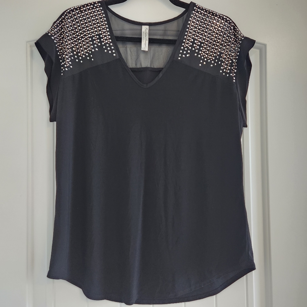 PerSeption Black Rhinestone Studded Shoulder Blouse Top Large